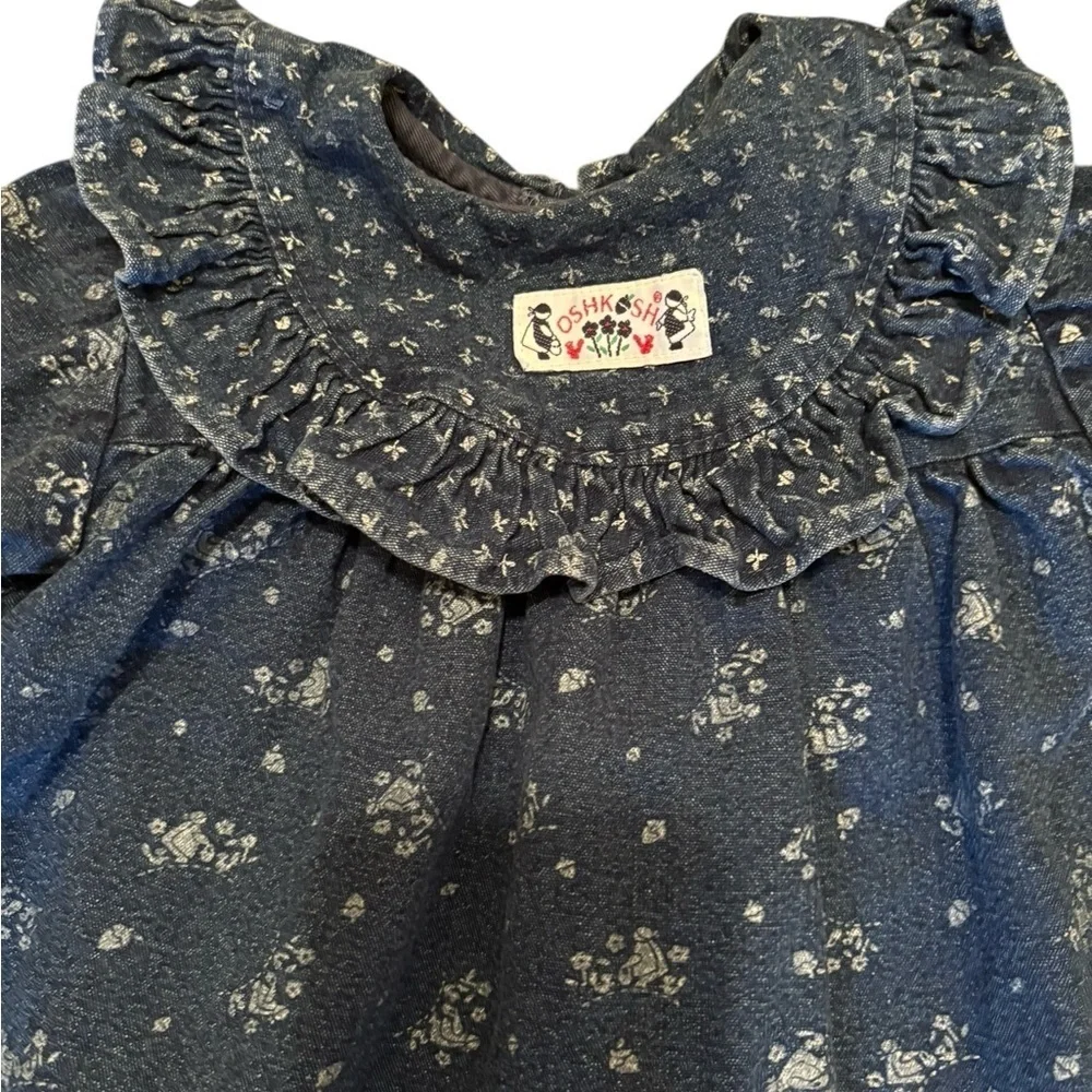 VTG 90’s. OshKosh B’Gosh Denim Dress Sz 3T Ruffle Collar Red Button Back Logo